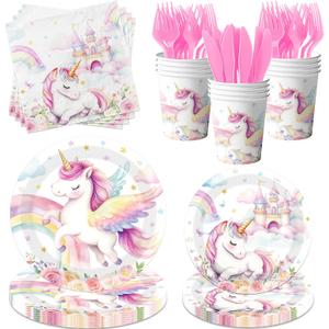 Unicorn Birthday Decorations,144pcs Unicorn Plates and Napkins Cups Pastel Rainbow Unicorn Birthday Decorations Tableware for Girl Unicorn Party Supplies, Serves 24