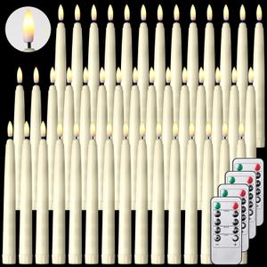 Reginary 48 Pcs Flameless Taper Candles with 4 Remote, Battery Operated Flickering Flameless Taper Candles 3D Wick Fire LED Faux Wax Lights for Wedding Christmas Holiday(Ivory,8.46 Inches)
