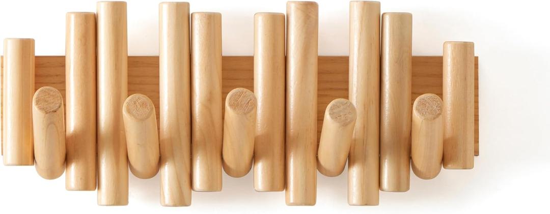 Wooden Wall mounted wood coat rack | 15 inches long , 6.5" high, with 5 Flip-Down Hooks | Modern Natural Pine Wood Finish | Decorative Hanging Storage Wall Hooks for Entryway or Bedroom