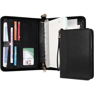 WASON Portfolio A5 Binder Journal with Zipper - Leather pu Writing Notebook Padfolio with Detachable Refillable Notebook, Legal Pad for Business Study and Travel Organizer (Black)