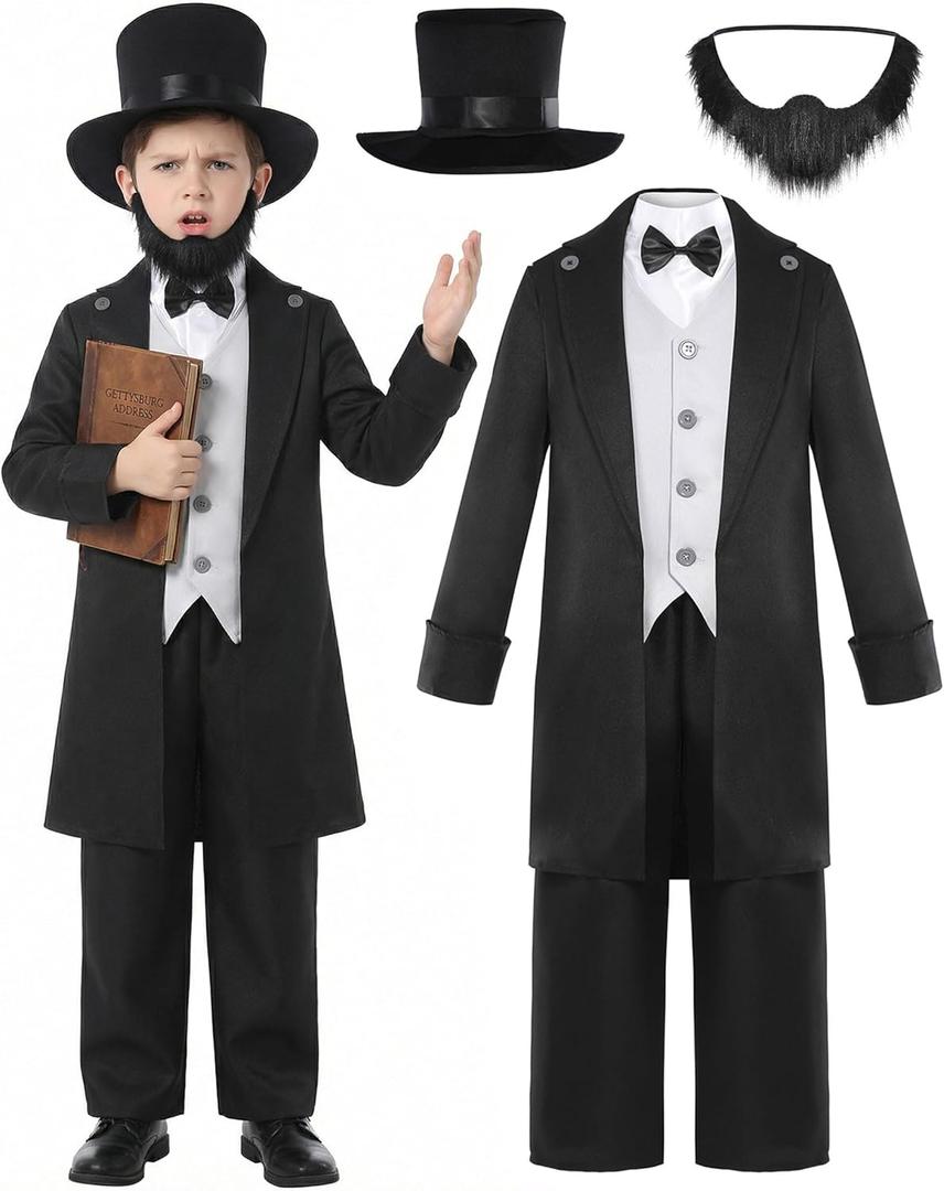 Kids Abraham Lincoln Costume California Costumes for Boys Presidents Day Halloween Cosplay Costume (12-14 Years)