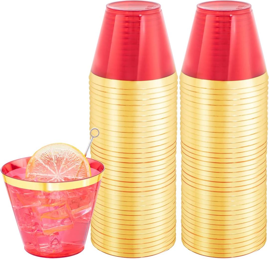 LUODA 150 PCS Red Plastic Cups, 9oz Clear Red Disposable Cups with Gold Rim, Old Fashioned Tumblers Gold Rimmed Plastic Cups for Any Occasion: Parties&Birthday
