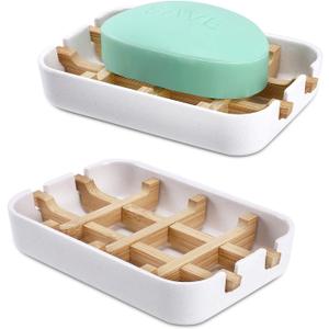 Bamboo Wooden Soap Dishes for Bathroom Bar Soap Holder Shower Soap Holder Sink Deck Bathtub Shower Tray (Two Pieces White)