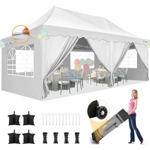 HOTEEL 10x20 Pop up Canopy Tent with 6 Removable Sidewalls, Wave Hem Roof 10x20 Canopy with Wheel Bag and 4 Sandbag, Commercial Pop up Tent Waterproof Sunshade for Market Wedding Party Stall (White)