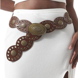 Western Belts for Women, Vintage Leather Belts Boho Waist Belts Concho for Dress Jeans Country Concert Outfit (Brown 2)