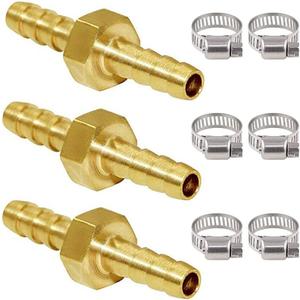 Joywayus 1/4" ID Hose Barb Hex Union Fitting Intersection/Split Brass Water/Fuel/Air with 6 Stainless Steel Clamps (Pack of 3)