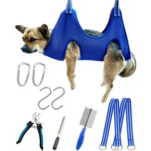 Kkiimatt 10 in 1 Dog Pet Grooming Hammock Harness with Nail Clippers/Trimmer, Dog Hammock for Nail Trim, Grooming Sling Hanger for Nail Trimming/Clipping (S/Under 30lb, Blue)
