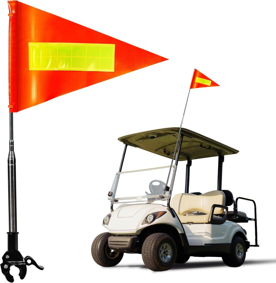 Golf Cart Safety Flag Pole Kit, Telescoping 5.4 ft Pole with Clamp Mount, 8 x 12 in Orange Flag with Reflective Strip for ATV, Bike, Trailer, Wheelchair, Mobility Scooter