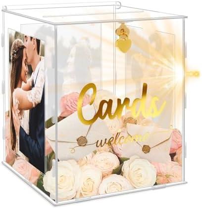 Lotheove Acrylic Wedding Card Box with Picture Frame, Acrylic Card Box with Slot, Clear Gift for Wedding Reception Anniversary Graduation Birthday Party Baby Shower