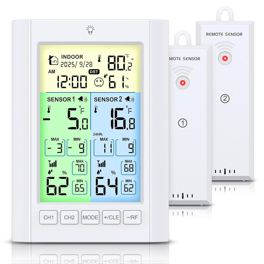 Wireless Freezer Thermometer with Alarm, Temracha Upgraded Digital Fridge Thermometer with Alert, Backlight, Rechargeable, MAX/MIN Record, Refrigerator Thermometer for Kitchen Home Restaurants