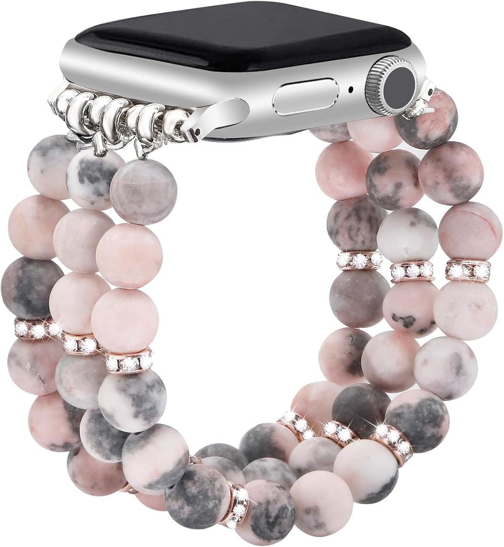 JR.DM Natural Stone Beaded-Bands Women Compatible with Apple Watch Series 11 10 9 8 7 6 5 4 SE 3 2 1 Ultra Fashion Stretch Handmade Bracelet Boho Elastic Strap for iWatch 42mm(S3/2/1) 44/45/46/49mm (Pink Zebra)