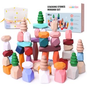 YHHYTOY 48 PCS Wooden Stacking Rocks Stones Building Blocks, Montessori Toys for 3+ Year Old Preschool Learning Activities Balancing Stacking Game, Birthday Gifts for 3 4 5 6 Year Old Girls Boys Kids