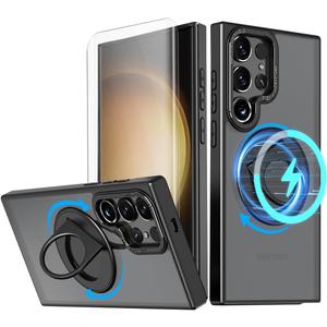 Design For Samsung Galaxy S23 Ultra Phone Case with Tempered Glass Screen Protector [Compatible with MagSafe] Wireless Charging 360 Rotatable Invisible Kickstand Protective Cover for Men Black