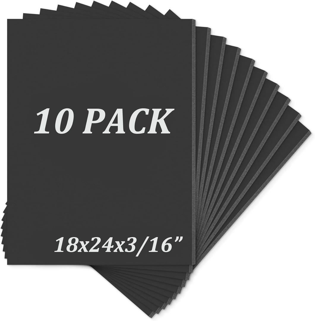 Mat Board Center, Pack of 10 Acid-Free Foam Boards, 18x24 inch Black Foam Boards, 3/16" Thick