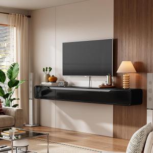 Fully-Assembled Floating TV Stand with Drawers, 94IN High Gloss Wall Mounted Entertainment Center, Modern Media Console with Storage, Under TV Shelf for Bedroom Living Room Black