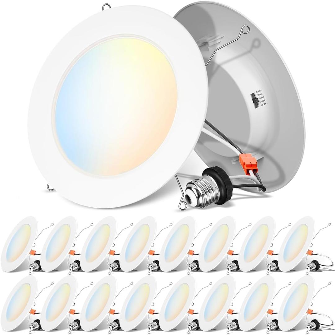 ANWIO Recessed Lighting 6 Inch, 16 Pack 5CCT Flat Retrofit LED Recessed Lights Can Needs, 2700/3000/4000/5000/6000K Selectable Can Lights 10W(120W Equivalent) CRI 80+ Dimmable E26 Base IC Rated & ETL (White)
