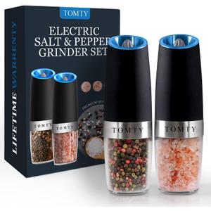 Gravity Electric Salt and Pepper Grinder Set White Elephant Gifts for Women Who Have Everything Grilling Men Kitchen Gadgets Housewarming Holiday Cooking Adults Idea Battery Operated Shakers Automatic (Black)