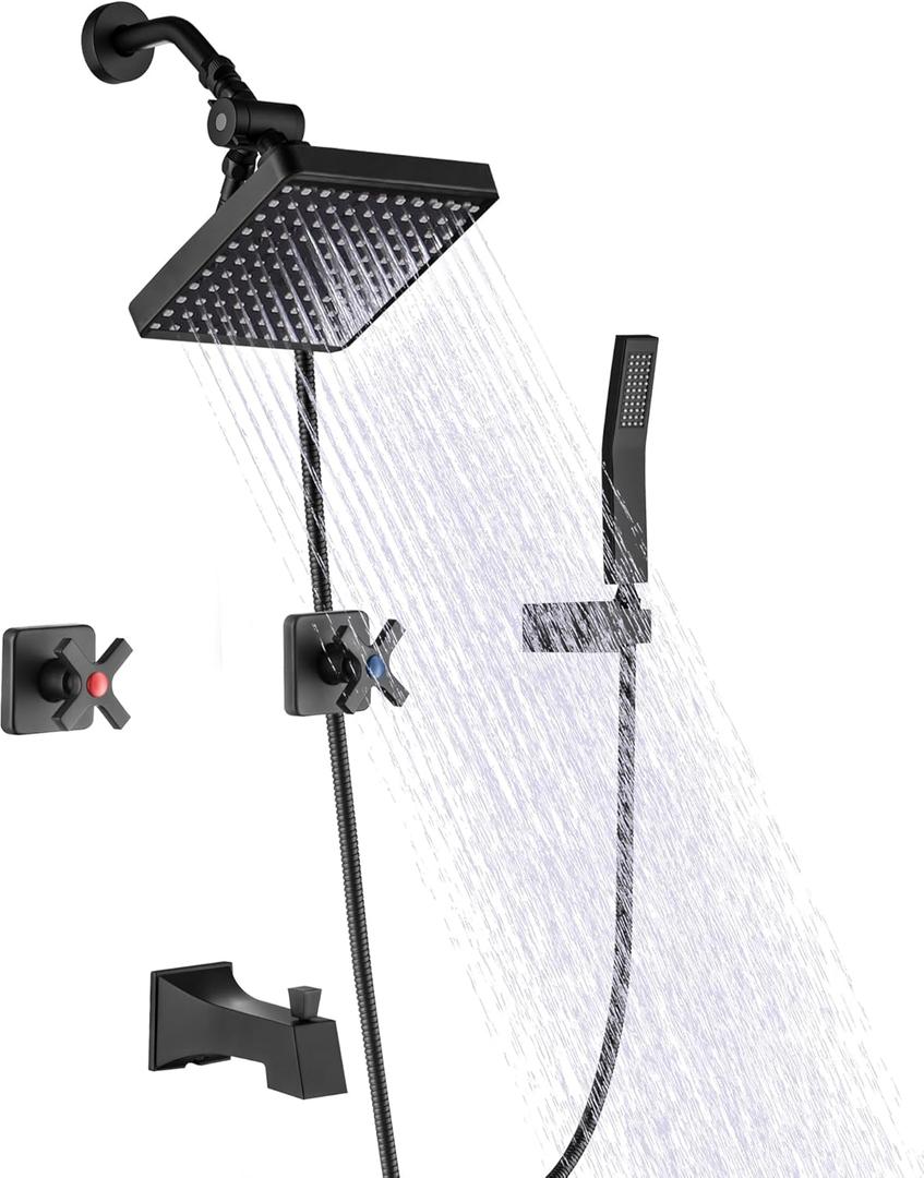 2 Handle Shower Faucet Set with Hand Shower Matte Black Two Handle Tub Shower Faucets Sets Wall Mounted Bathroom Bathtub Shower Trim Kit