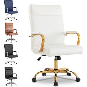 Office Desk Chair,Modern Leather Conference Room Chairs,High Back Home ofiice Chair,Adjustable Height Swivel Executive Computer Chair with Padded Seat and Armrest (White with Gold Frame)