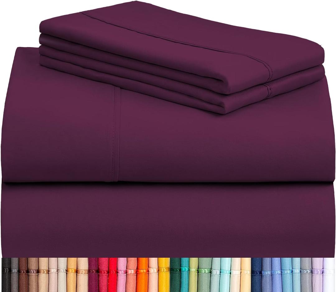 LuxClub 4 PC Queen Sheet Set, Deep Pockets Wrinkle Free Cooling Bed Sheets Hotel Bedding for Women, Men, Includes 1 Fitted Sheet, 1 Flat Sheet and 2 Pillowcases-Soft Eggplant