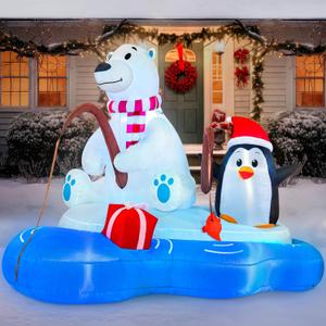 Joiedomi 6 FT Long Christmas Inflatable Polar Bear Fishing with Penguin Decoration, Blow Up Yard Decoration Inflatables with Built-in LEDs for Christmas Party Indoor Outdoor, Yard, Garden, Lawn Décor