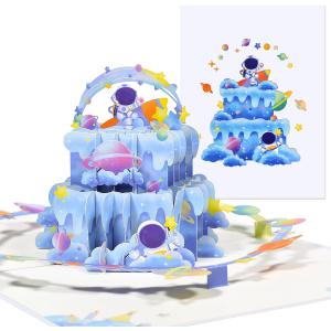 2 x 3D Birthday Pop Up Card for Boys - Astronaut and Rocket Theme Cake, for Space Theme Baby Shower Birthday Party, Envelope Included, All Occasion.