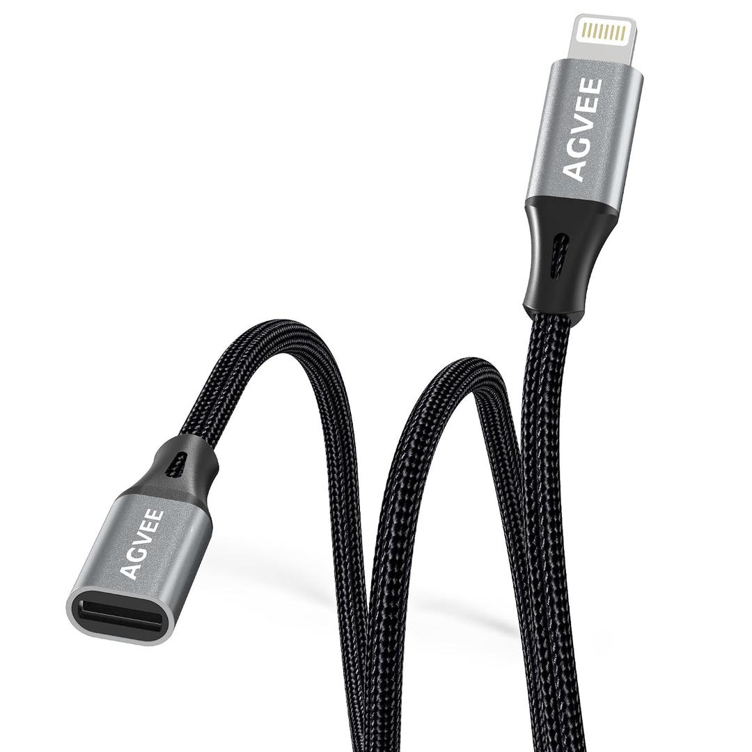 AGVEE 2 Pack 1ft Lightning Extension Cable, Braided Female to Male Extender Full Function Cord Compatible with iPhone iPad, Data Sync Video Audio & Charging Connector Adapter, Dark Gray
