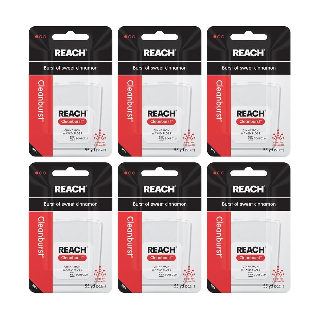 REACH Waxed Dental Floss, Cinnamon, Plaque Remover for Teeth, Shred Resistant, Floss Slides Smoothly, Easy to Use, Waxed, Deep Cleaning Teeth, Oral Care, PFAS Free, for Adults & Kids, 6 Pack, 55 yd