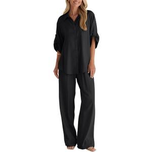 BWQ Womens linen 2 Piece Outfits Long Sleeve Button Down Shirt Wide Leg Pants Lounge Set S-2xl (Black, L)