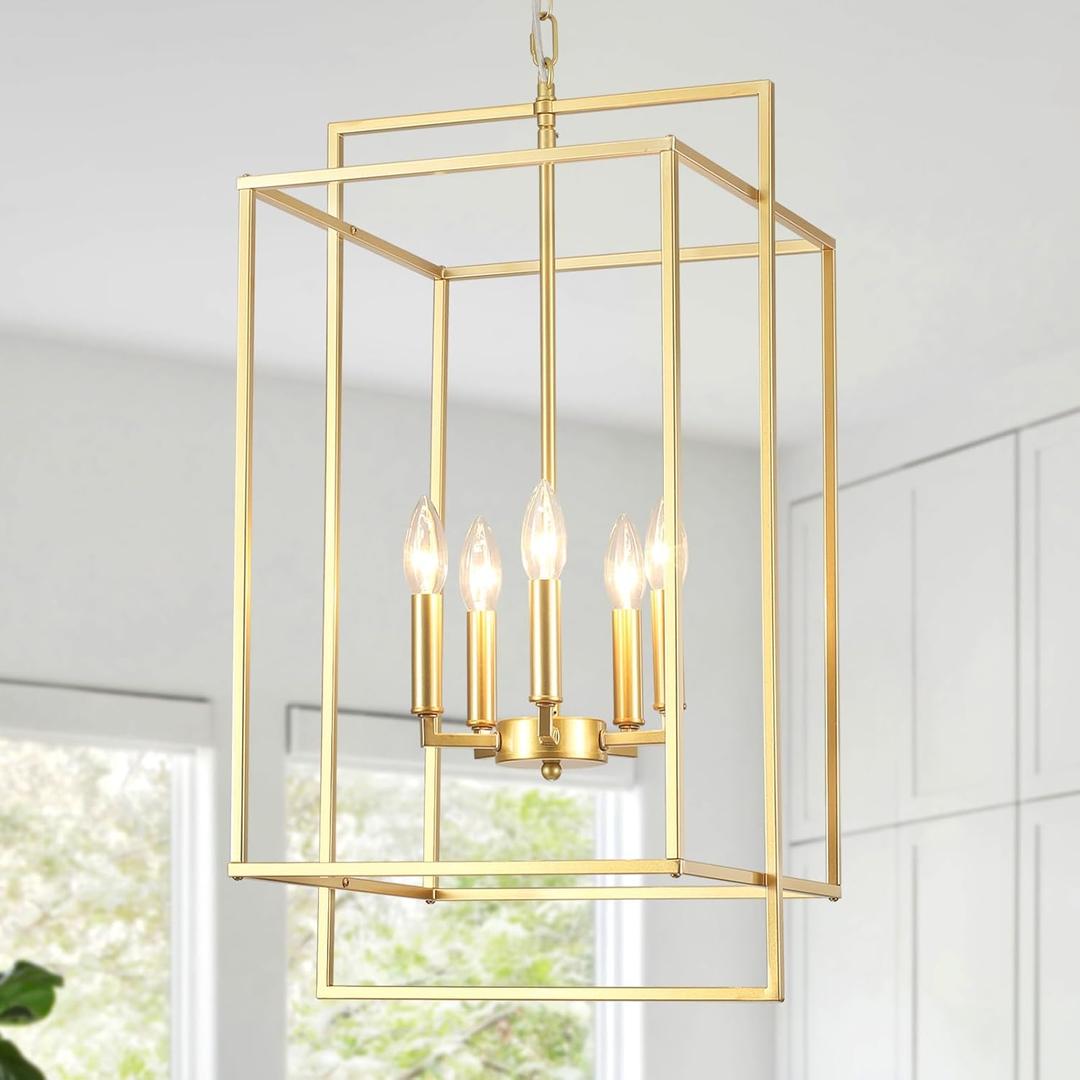 5-Light Gold Pendant Light, Modern Farmhouse Dining Room Light Fixtures Over Table, Adjustable Height Rustic Chandelier E12 Base for Kitchen Island, Entryway, Indoor
