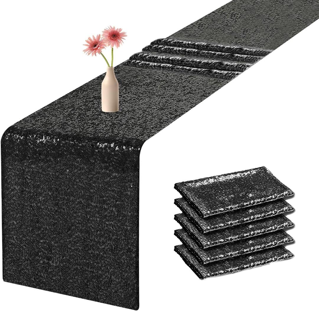 Sequin Table Runners 72 Inches Long Black Glitter Table Runner for Party, Wedding, Bridal Baby 6 Pcs, Black