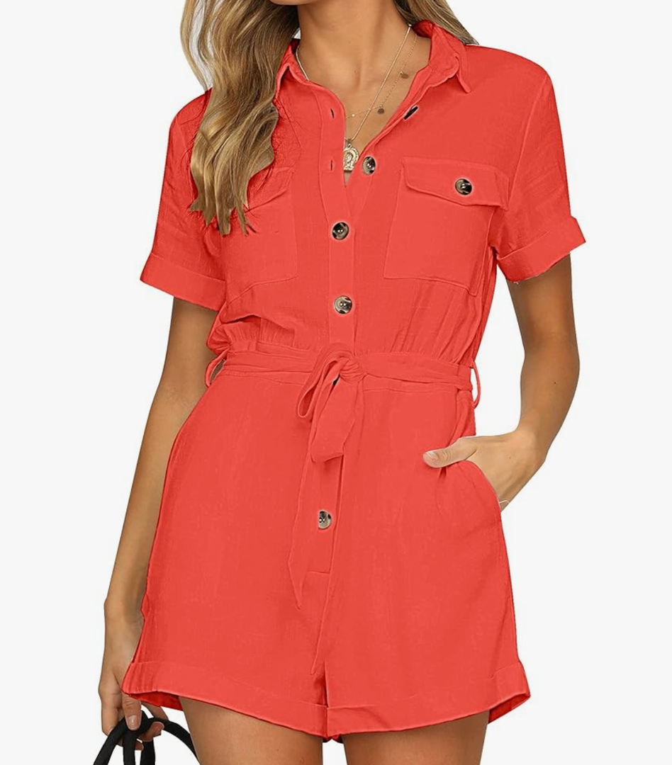 GRAPENT Women's Summer Short Sleeve Button Down Pockets Belted Jumpsuits Rompers Size Medium