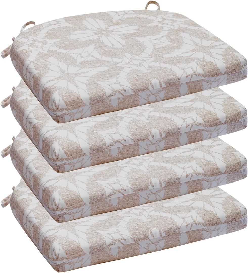 Wellsin Outdoor Chair Cushions for Patio Furniture - Patio Chair Cushions Set of 4 - Water Resistant Round Corner Outdoor Seat Cushions 17"X16"X2", Flower Beige