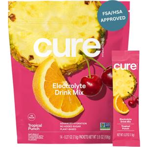 Cure Hydration | Plant-Based Electrolyte Drink Mix | No Added Sugar | FSA-HSA | Dehydration Relief Powder Made with Coconut Water | Non-GMO | Vegan | Pouch of 14 Packets - Tropical Punch