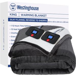 Westinghouse Electric Blanket King, Heated Blanket King Size with 10 Heating Levels and 1 to 12 Hours Heating Time Settings, Flannel to Sherpa Reversible, Machine Washable (90" x 100", Charcoal)