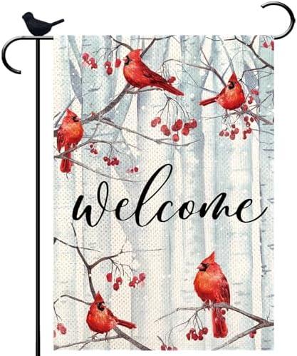 PIPISASA Welcome Winter Cardinal Holiday Christmas Garden Flag for Outside Pine Trees Red Cardinal Birds Seasonal Flag 12x18 Double Sided Farmhouse Small Yard Flags for Outdoor Yard Lawn Decoration, Set of 10