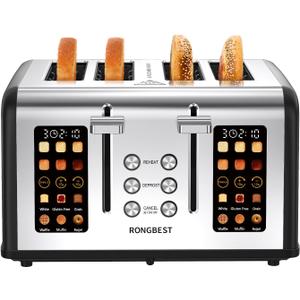 4 Slice Touch Screen Toaster, Easy-to-Use Digital Stainless Steel Toaster with Wide Slots, Reheat Defrost Cancel, Removable Crumb Tray, Matte Black