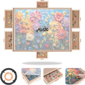 ALL4JIG 1500 Pieces Rotating Puzzle Board with 6 Drawers & Cover,24.92"x33.58"Portable Wooden Jigsaw Puzzle Table for Adults,Lazy Susan Spinning Puzzle Boards Gift for mom,Surface for Bricks Building