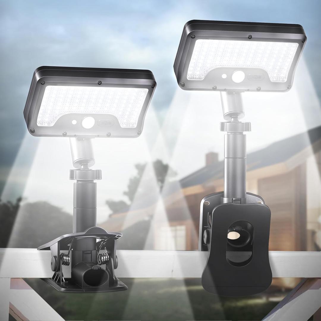 Clip On Solar Lights Outdoor with Motion Sensor, 360Rotatable & Vertically Adjustable Solar Fence Lights with 92 LEDs (600 LM, 6000 K),IP65 waterproof Security light for deck, Gutter, Camping(2 Pack)