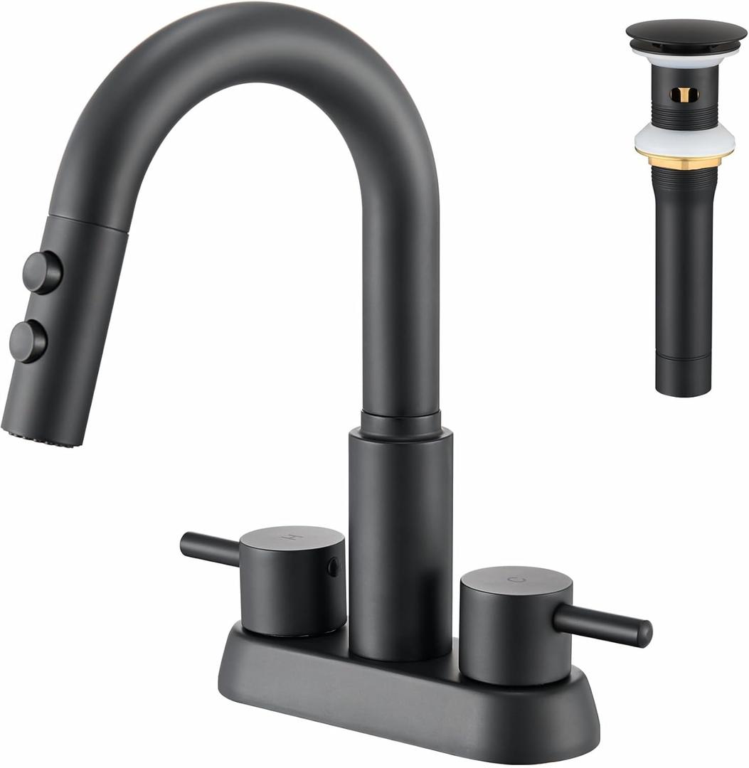 Bathroom Sink Faucet with Pull Down Sprayer 3 Holes, Matte Black 4 inch 2 Handles Centerset Laundry Bar Basin Pull Out Faucet with Pop-Up Drain, KBL-MP-6002B-CL