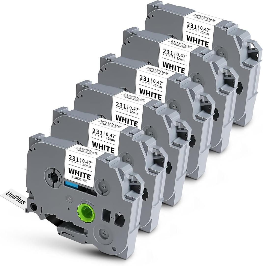 UniPlus 6-Pack Compatible for P Touch Label Tape TZe-231 TZ-231 12mm 0.47 Laminated White Replacement for Brother Ptouch PTD200 PTD210 PTH100 PTD400 PTD600 PTD410 Label Maker, 0.47" x 26.2'(12mm x 8m) (Black on White)