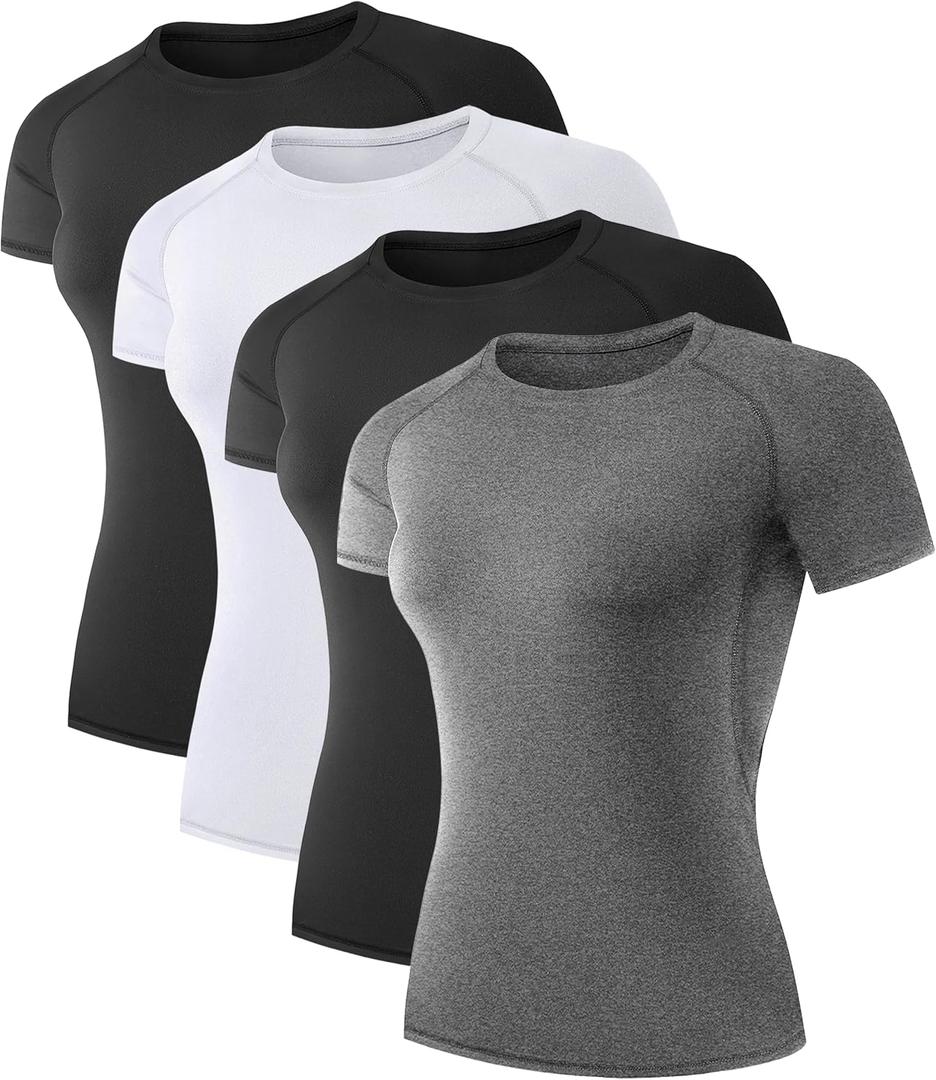 TELALEO 4 Pack Women's Compression Shirt Running Athletic T-Shirts Workout Tops Baselayer Short Sleeve Yoga Gym Sports Gear (Gray, L)
