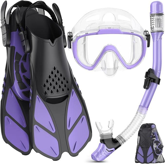 Ubekezele Snorkeling Gear for Adults Men Women, 4 in 1 Snorkel Set with Panoramic View Diving Mask Anti-Fog Anti-Leak, Dry Top Snorkel, Fins and Travel Bag for Swimming, Snorkeling and Travel Diving, Size: ML/XL