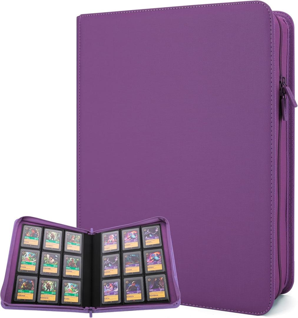 Forzarocket 324 Toploader Binder | 9-Pocket Zippered Ringless Album for TCG & Sports Cards | PU Leather Side-Load Storage (Violet)