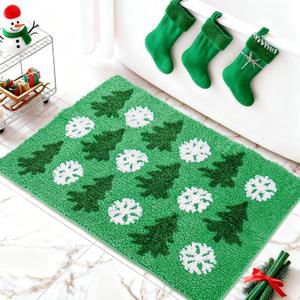 JarThenaAMCS Christmas Bathroom Rug 19.7 x 31.5 Inch Green Tree White Snowflake Absorbent Non Slip Shower Rug Front Mat for Xmas Winter Holiday Home Decoration
