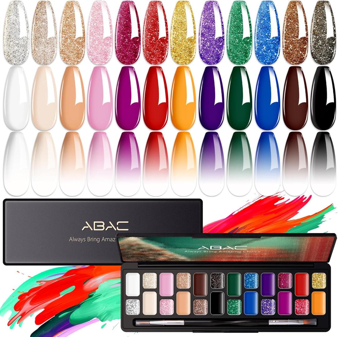 ABAC 24 Color Solid Gel Nail Polish,Ombre Gel Nail Polish,Pat Paint Nail Gel HemaFree NoSpill Formula w/Pro Brush Christmas NYE Party Nails,DIY Gift Set ClumpFree Shimmer