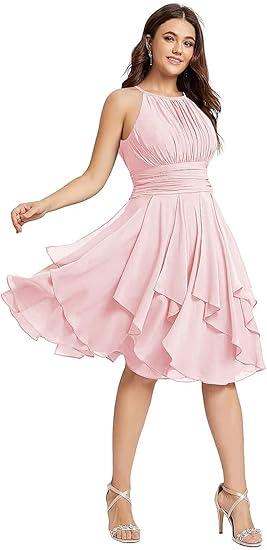 Chiffon Short Bridesmaid Dresses for Women 2025 Halter Cocktail Dresses Ruffle Formal Wedding Guest Dress with Pockets, No Size