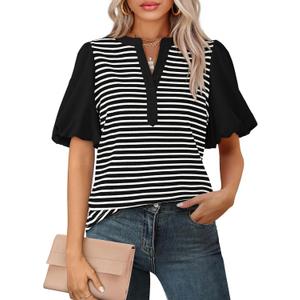 BTFBM Puff Sleeve Tops for Women Dressy Summer Vacation Outfits 2025 V Neck Casual Button Up Shirts Loose Striped Blouse (S)