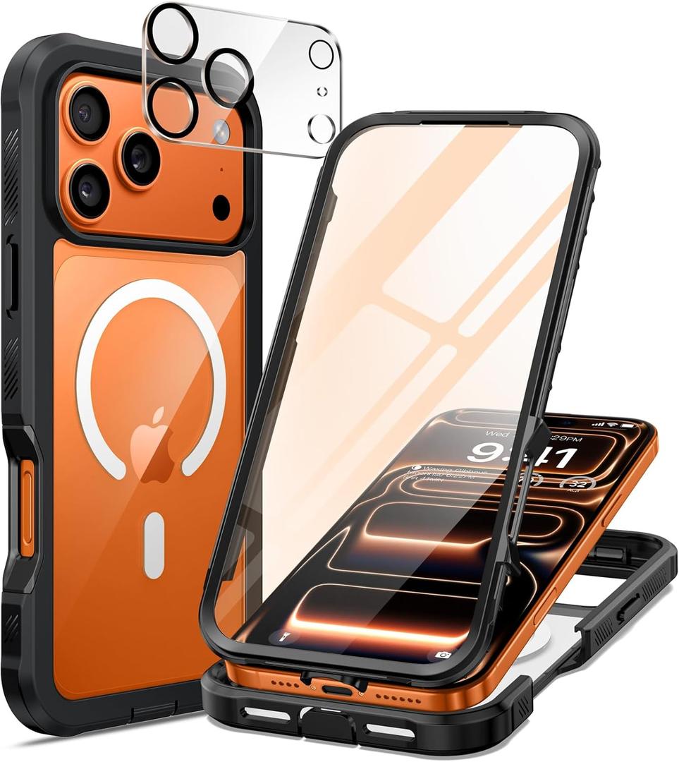 seacosmo for iPhone 17 Pro Case, Full Body Bumper with Built-in 9H Tempered Glass Screen and Camera Lens Protector, Compatible with MagSafe, Shockproof 17 Pro Phone Case, 6.3", Black