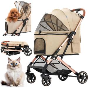 Medium Dog Stroller, Kenyone Pet Stroller for Medium Dogs Up to 55lbs, Lightweight Aluminum Frame, One Click Folding, Large Cat Stroller with No Zip Entry, Detachable Mesh, Multiple Pockets (Khaki)